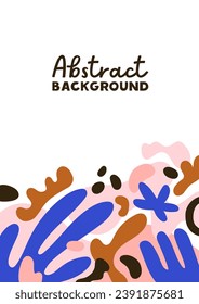 Abstract card background in modern style. Poster design with trendy geometric shapes, random creative elements, blobs, blots pattern, decoration. Vertical banner backdrop. Flat vector illustration