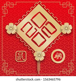Abstract card, banner design with traditional eastern patterns rhombuses, Chinese text Happy New Year, gold on red background. Vector illustration. Flat style. Concept for 2020 holiday decor element.