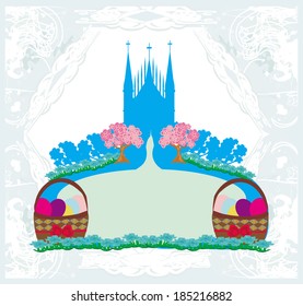 abstract card, church and Easter eggs
