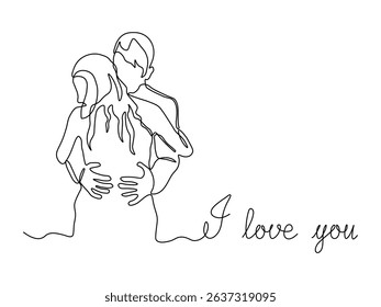 Abstract card with inscription I love you and couple of lovers, a man and a woman hugging, continuous single one line art drawing sketch, logo