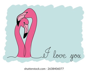 Abstract card with inscription I love you and couple of lovers,Two flamingos hugging, continuous single one line art drawing sketch, logo