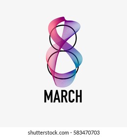 Abstract card for March 8. Thin lines wrapped around the figure eight. Pink and blue smooth gradient. Bold and thin black typography. Modern design on a white background.