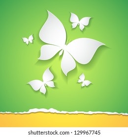 abstract card with paper butterflies on green background