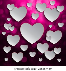 Abstract card with paper white heart shape and sign on pink bokeh background 