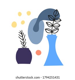 Tarjeta abstracta o afiche con manchas, puntos, jarrones, hojas y ramas de abeto aisladas sobre fondo blanco. Sencillo estilo minimalista de moda.