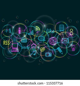 Abstract Card with Round Bubbles and Social Media Icons on Dark Blue Background. Vector EPS10 Background