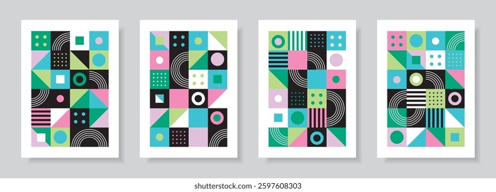 Abstract card set. Posters in retro bauhaus flat style. Vector illustration. Colorful designs with simple geometric shapes. Seamless pattern collection. 