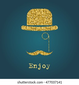 Abstract card template. Enjoy. Golden glitter textured hat. 