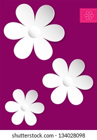 abstract card with three paper camomiles on the pink background vector