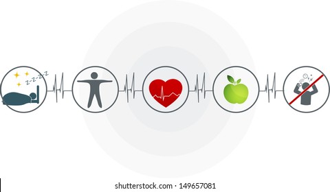 Abstract cardiogram and health care symbols connected. Healthy heart depends of good sleep, fitness, healthy food and stress management.