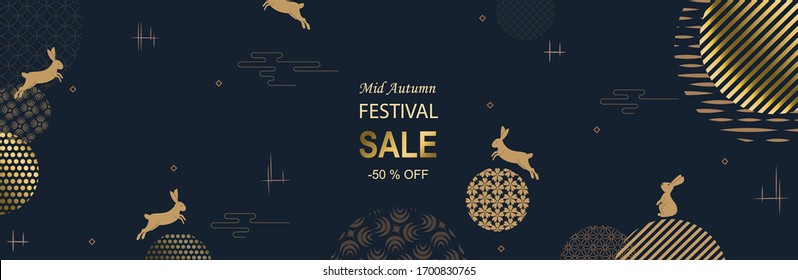 Abstract cards, banner design with traditional Chinese circles patterns representing the full moon, Chinese text Happy Mid Autumn, gold on dark blue. Vector Flat style. Place for your text.