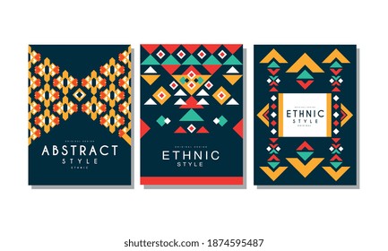 Abstract Cards with Geometric Ethnic Pattern Set, Colorful Flyer, Brochure Templates Design Vector Illustration