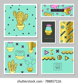 Abstract Cards with Golden Glitter Texture and Cactus. Poster Design Cover Business Brochure Template Set with Geometric Elements. Vector illustration