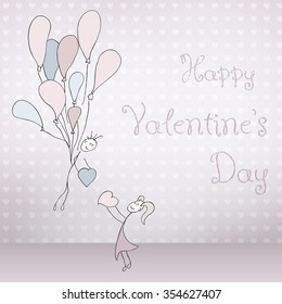 Abstract cards with hand drawn pair with balloons, scribble font, folded. In the sensual vintage pink colors for the Valentines day. Monochromatic.