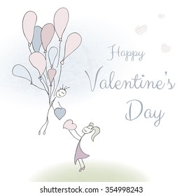 Abstract cards with hand drawn pair with balloons, scribble font, watercolor. In the sensual vintage artistic style for the Valentines day.