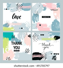 Abstract cards with hand drawn textures, memphis style. Universal templates, retro design, fashion art. Thank you, love
