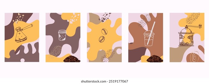 Abstract cards set with coffee backgrounds copy space for text and coffee hand drawn icons. Vector concept for coffee shop and house, cafe. Simple, stylish template for social media.
