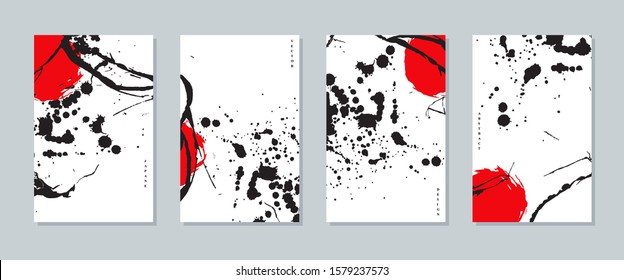 Abstract cards set. Grunge ink background with red and black elements. Template invitation. Vector illustration. Japanese disign