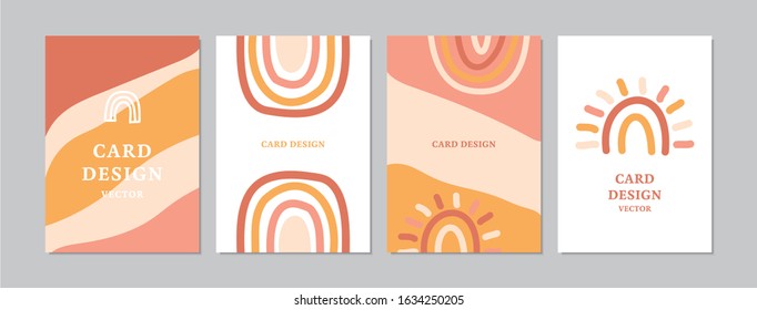 Abstract cards set with hand drawn rainbows. Doodles and sketches vector retro illustrations