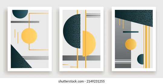 Abstract cards set. Unusual geometric shapes, graphic elements for website. Luxury posters or banners, design. Gold style texture. Cartoon flat vector illustrations isolated on grey background