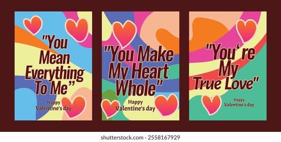 Abstract Valentine’s Cards with Trendy Pastel Patterns. A set of Valentine’s Day greeting card with sample text, red hearts and abstract backgrounds templates vector illustration. 