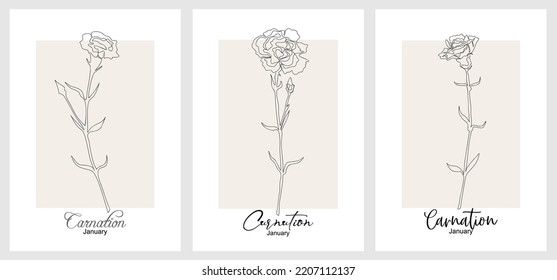 Abstract Carnation flower poster. Trendy minimalist continuous line wall art. Modern January birth month flower scandinavian style print. Hand drawn vector illustration.