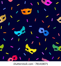 Abstract carnival background. Seamless vector pattern with colorful masks and serpentine. On black.