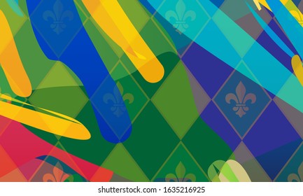 Abstract carnival Mardi Gras festival party tropical geometric shapes lines green fleur de lis background vector invitation Rio Brazilian Carnival fiesta Caribbean, Gran Canaria, batucada, Barcelona