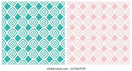 Abstract Caro Seamless Vector Pattern. White Irregular Hand Drawn Diamond Shape Elements on a Mint Green and Pastel Pink Background. Funny Infantile Style Repeatable Geometric Design ideal for Fabric.