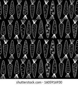 Abstract carrot is a white outline on a black background set Doodle, seamless pattern, vector