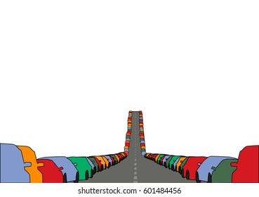 Abstract cars parked along the road with a hill