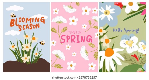 Abstract cartoon aesthetic backgrounds set with groovy daisy flowers. Floral banner for decoration Spring events. Illustration design for poster, flyer, greeting card. Hello Spring illustration