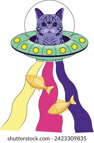 Abstract cartoon alien cat in flying saucer with goldfish.