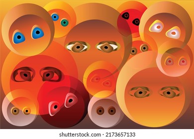 Abstract cartoon art. Vector image of toys with colorful eyes, faces of surrealism. Beautiful design template for cover, packaging, website, wallpaper, background.
   