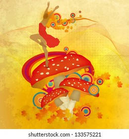 Abstract cartoon autumn backgrounds vector with red mushroom and dancing girl