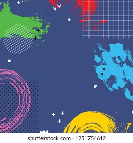 Abstract cartoon background with bright colors splashes. Banner design element  in trendy Memphis 80s-90s style. Vector illustration.