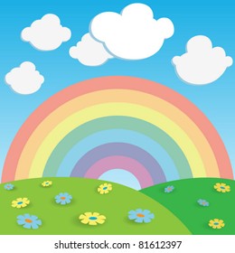 Abstract Cartoon Background With Rainbow And Flowers