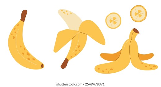 Abstract cartoon bananas set. Simple banana. Tropical fruit vector flat icons collection for design interior, poster, banner. Half peeled, whole and slice banana snack
