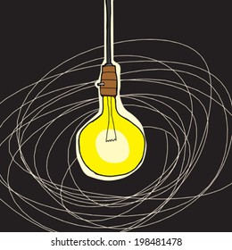 Abstract cartoon of bare bulb lamp over black background