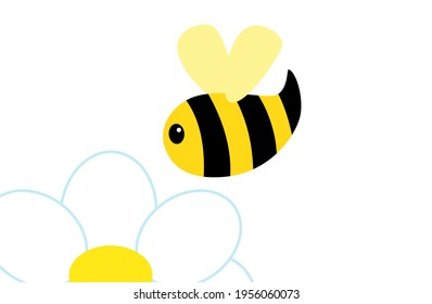 Abstract  cartoon bee flying over the chamomile. Cute striped Bee. Vector illustration in flat style. 
