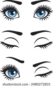 
Abstract cartoon big blue eyes with long eyelashes and eyebrows. Open blue eyes, closed eyes and wink expression.