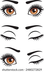 Abstract cartoon big brown eyes with long eyelashes and eyebrows. Open brown eyes, closed eyes and wink expression.