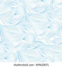 Abstract cartoon blue white background, wallpaper. Doodle pattern sea waves, ocean, river, wind. Seamless texture textile fabric, printing, web design, card, poster, flyer, banner, packaging, wrapping