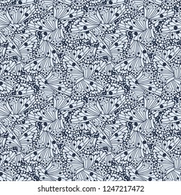 Abstract cartoon butterflies wings seamless vector pattern blue white color background. Stylish trendy wallpaper