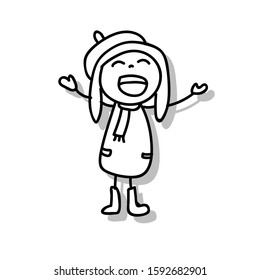 abstract cartoon character hand drawing children illustration, happy kid, happy girl playing in winter clothes for christmas and New Year holiday with happiness and smile