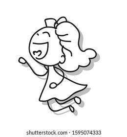 abstract cartoon character hand drawing children illustration, happy kid, happy girl playing and jumping with happiness and smile