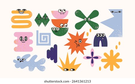 Abstract cartoon characters with faces in retro doodle style. Fun geometric shapes with eyes: zigzags, stars, blobs, arrows, plants. Creative funky face icons with playful expressions.