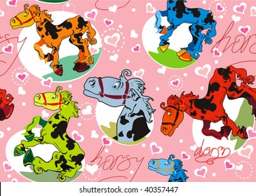 Abstract Cartoon Childlike hearted Wallpaper Pattern. Seamless vector Floral and horses background with funky animals.