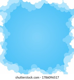 Abstract cartoon cloud background frame with blue gradient sky in flat style. Fluffy heaven cloudy border design with white clouds silhouette. Square poster template with simple doodle pattern V2