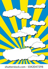 abstract cartoon clouds with hard black shadows on pop art background with radial lines